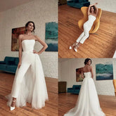 Strapless Wedding Jumpsuit with Detachable Train Summer Holiday Beach Bohemian Bride Dress with Pant Suit Custom Made Party 14W